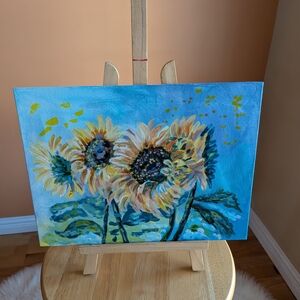 Vibrant Sunflower Painting on Blue Canvas acrylic original painting